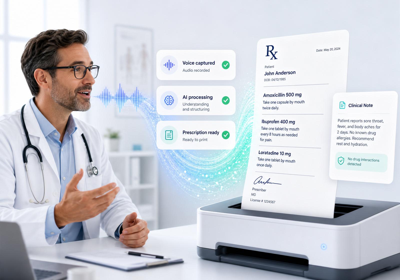 Vomediq AI medical scribe showing a live voice waveform, transcript and auto-generated clinical note with a prescription